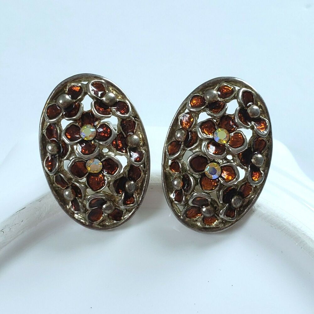 Vintage Earrings Silvertone Floral Enamel Rhinestone Classic Midcentury Clip Ons